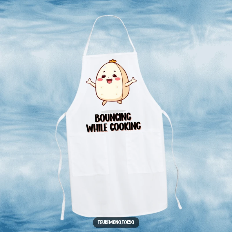 Funny apron featuring a smiling onigiri character in a joyful jump, perfect for cooking with energy and a humorous touch.