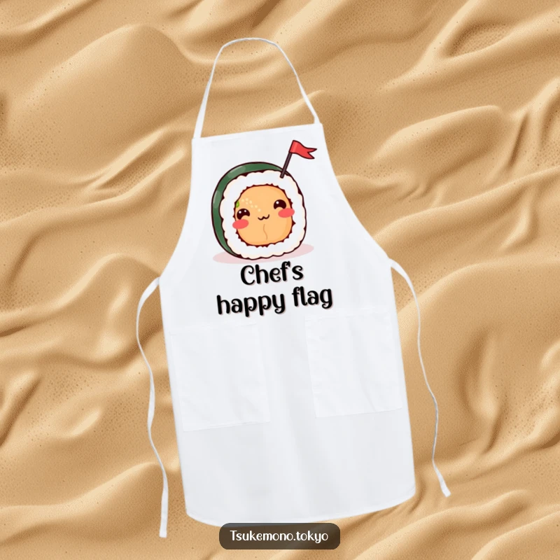 Funny apron featuring a cheerful sushi roll character happily waving a small flag, perfect for cooking with a festive and humorous touch.
