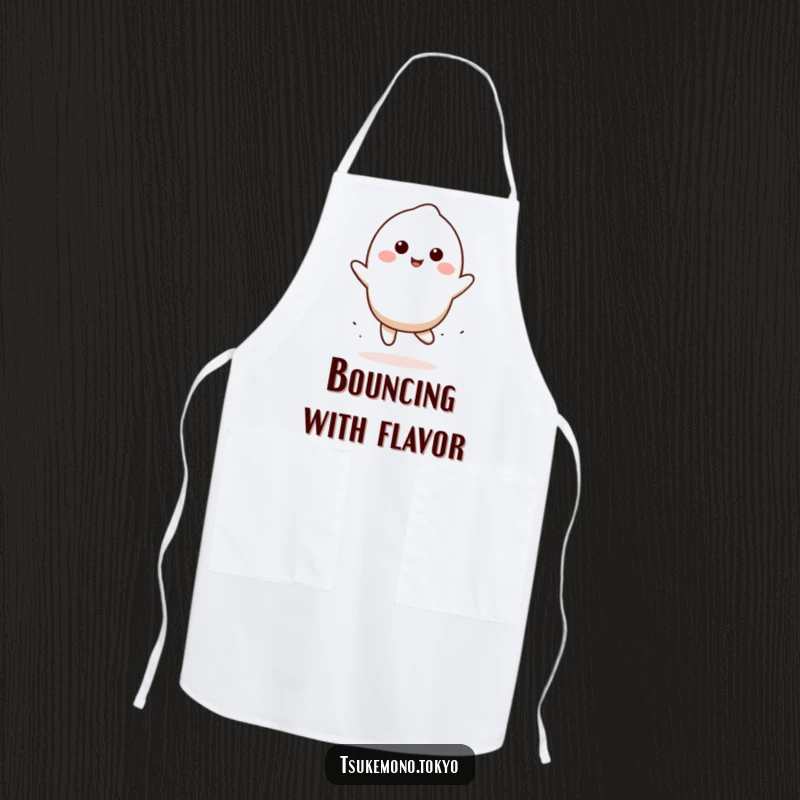 Funny mochi apron featuring a smiling character doing a playful bounce, a cute and humorous kitchen accessory for bakers.