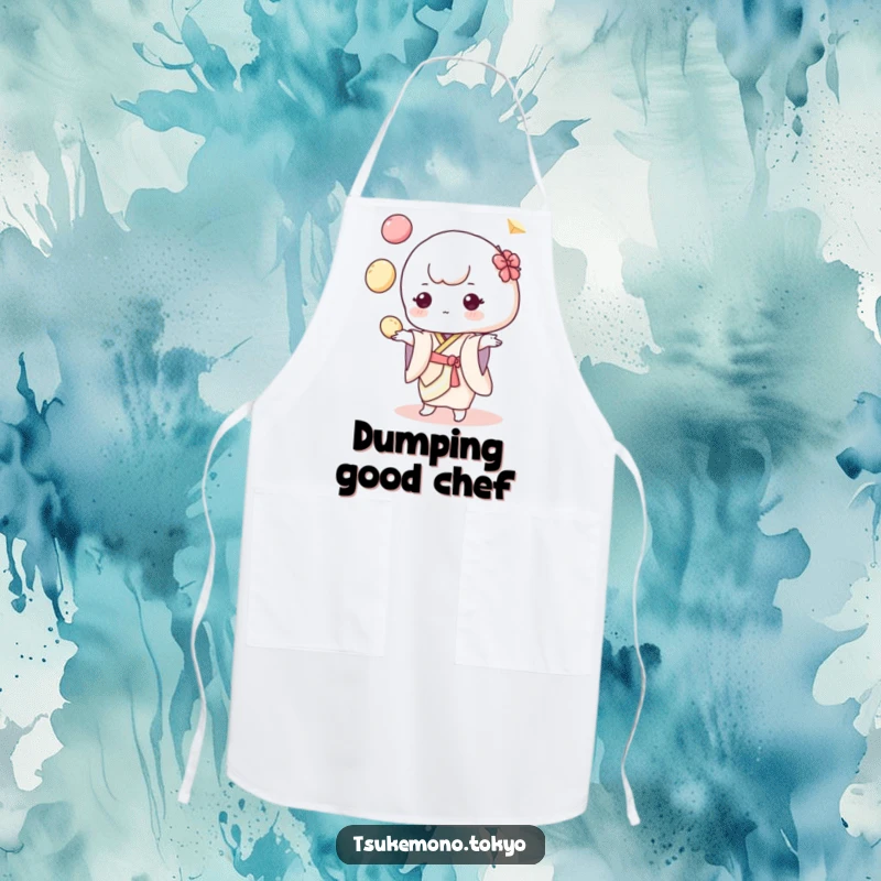 Funny apron showcasing a cute mochi character in a pastel kimono, juggling colorful dumplings with a focus on kitchen fun.
