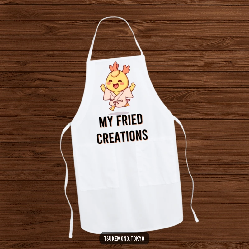 Funny apron showcasing a grinning tempura shrimp character in a yukata, hopping excitedly.