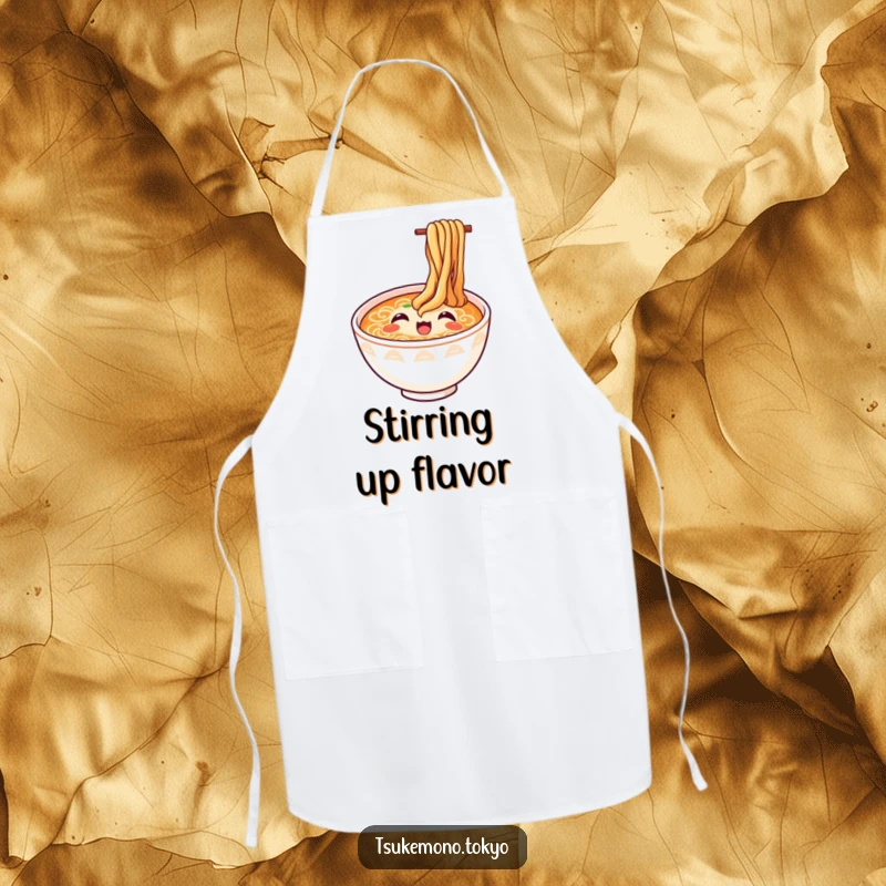 Funny ramen apron showcasing a happy bowl with noodles looking up in delight, a humorous kitchen accessory for cooking enthusiasts.