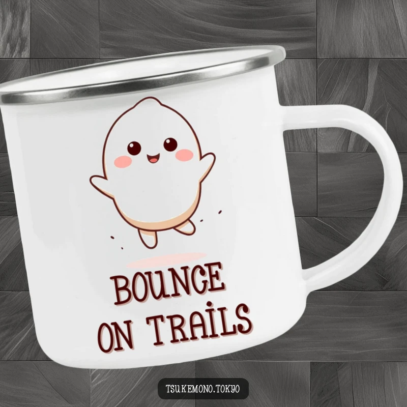 Funny mochi camping mug with a smiling character doing a playful bounce, ideal for outdoor use and as a cute funny gift.