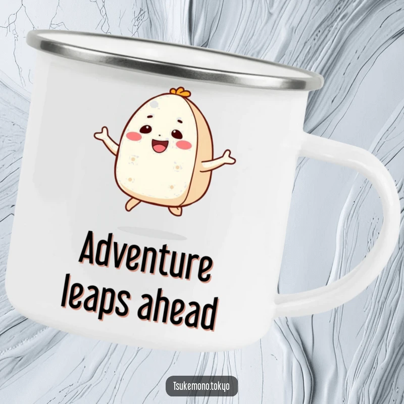 Funny camping mug featuring a smiling onigiri character in a joyful jump, designed for outdoor enjoyment and energetic moments.