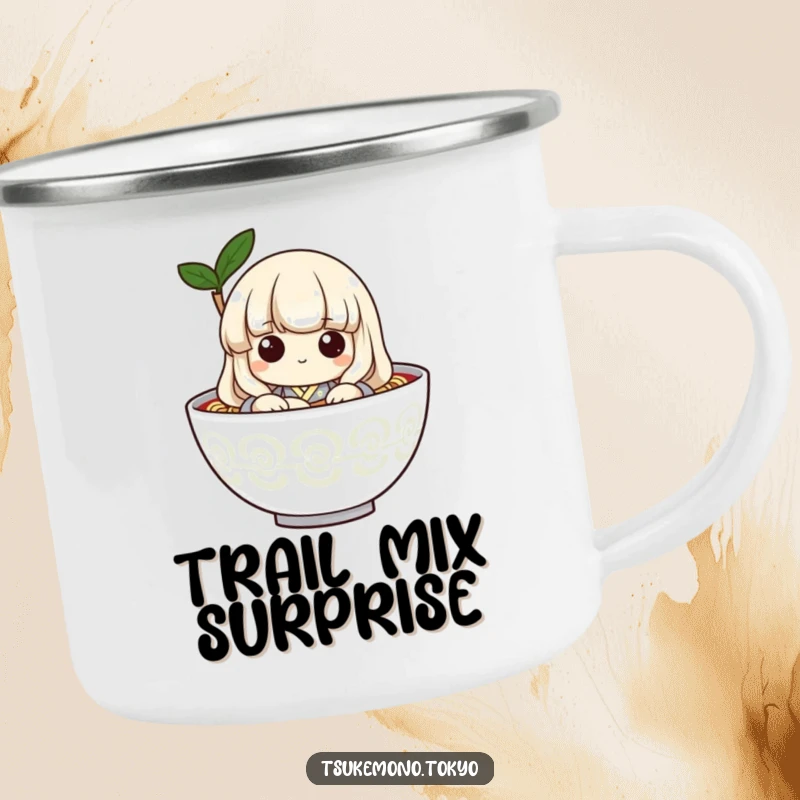 Funny camping mug with a playful udon noodle character in a kimono, peeking from a bowl, ready for outdoor enjoyment.