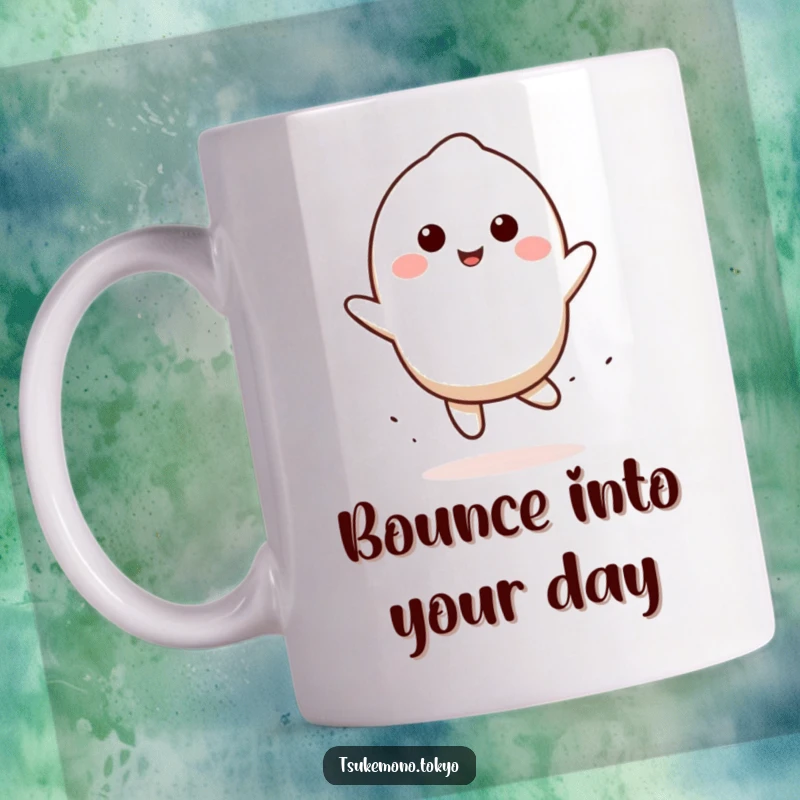 Funny mochi character mug, smiling and doing a playful bounce, conveying happiness and sweetness, a delightful funny gift.