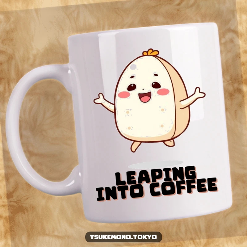 Funny mug featuring a smiling onigiri character mid-air in a joyful jump, exuding happiness and playful energy.