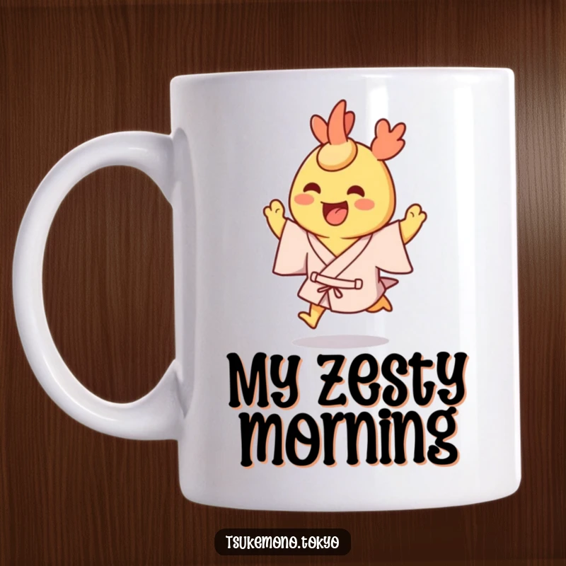Funny mug featuring a grinning tempura shrimp character in a yukata, hopping excitedly.