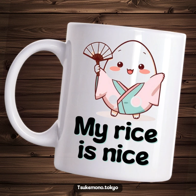 Funny mug featuring a plump onigiri character in a small kimono cheerfully waving a tiny fan.
