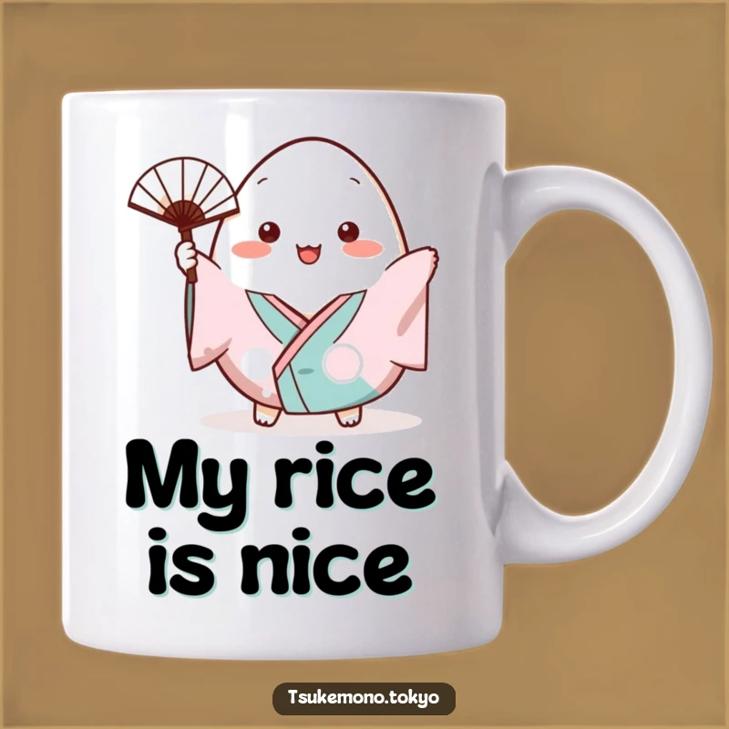 Funny Onigiri Kimono Fan Mug: Cheerful Welcoming Gift for Food Lovers