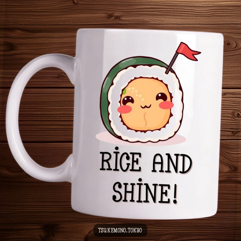 Funny mug showcasing a cheerful sushi roll character with a happy face waving a small flag, radiating joy and celebration.