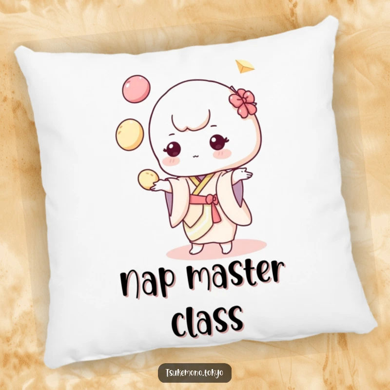 Funny pillow featuring a lovable mochi character in a pastel kimono, juggling colorful dumplings with an endearing and playful stance.
