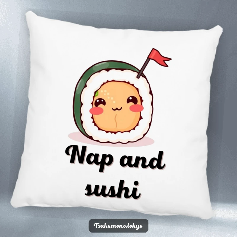 Funny pillow showcasing a cheerful sushi roll character with a happy face waving a small flag, offering soft comfort and festive charm.
