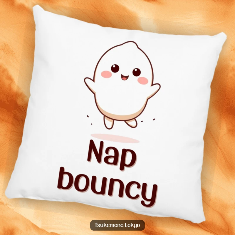 Funny mochi pillow with a smiling character doing a playful bounce, a soft and adorable decorative accent, a funny gift.