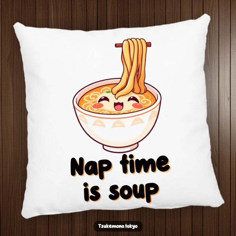Funny ramen pillow with a happy bowl and noodles looking up in delight, a soft and humorous decorative accent.