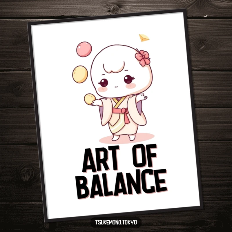 Funny digital art print of a mochi character in a pastel kimono, energetically juggling colorful dumplings with a joyful, whimsical flair.