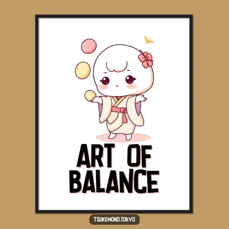Funny Mochi Juggler Digital Art: Pastel Kimono Character Print for Hilarious Wall Decor
