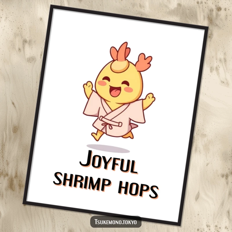 Funny digital art print of a grinning tempura shrimp character in a yukata, hopping excitedly.
