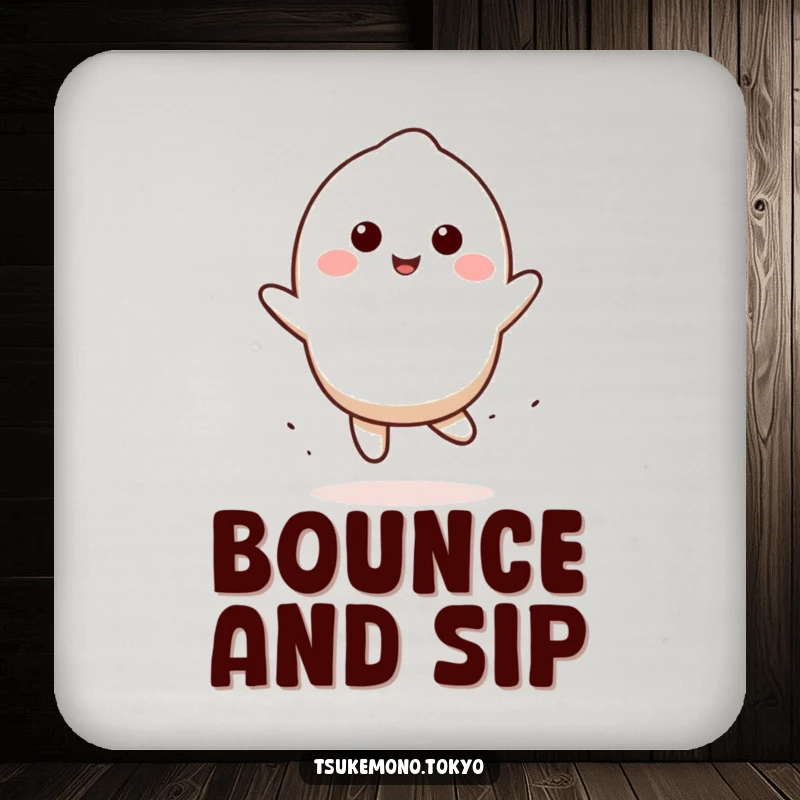 Funny mochi coaster featuring a smiling character doing a playful bounce, a cute and humorous protective accessory for tabletops.
