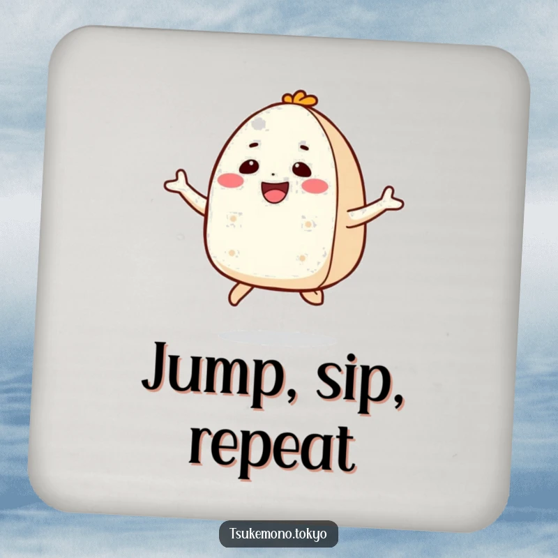 Funny drink coaster with a smiling onigiri character in a joyful jump, adding happy charm and energy to table settings.