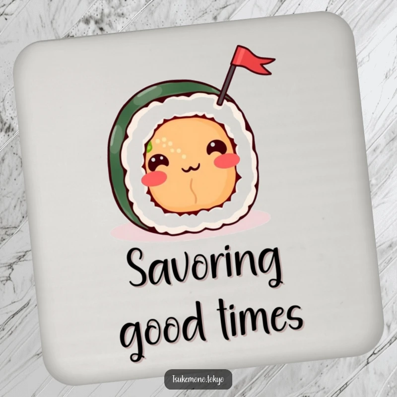Funny drink coaster with a cheerful sushi roll character happily waving a small flag, adding festive charm and humor to table settings.