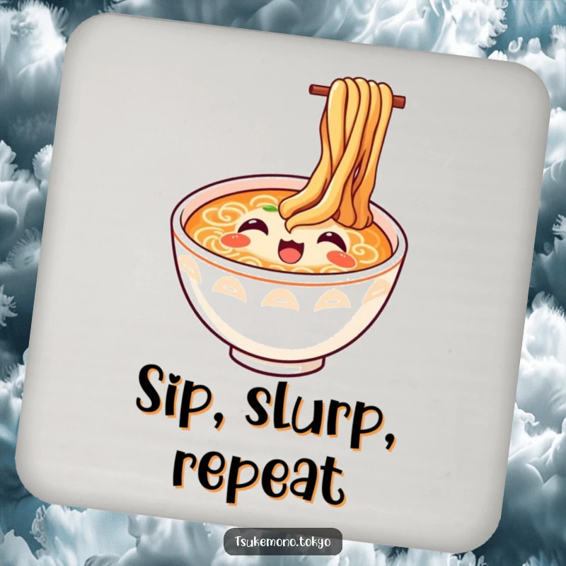 Funny ramen coaster featuring a happy bowl with noodles looking up in delight, a humorous protective accessory for tabletops.