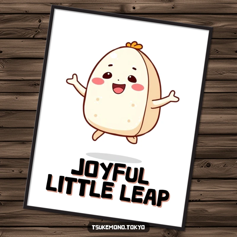Funny poster of a smiling onigiri character in a joyful jump, creating a vibrant and uplifting visual display.