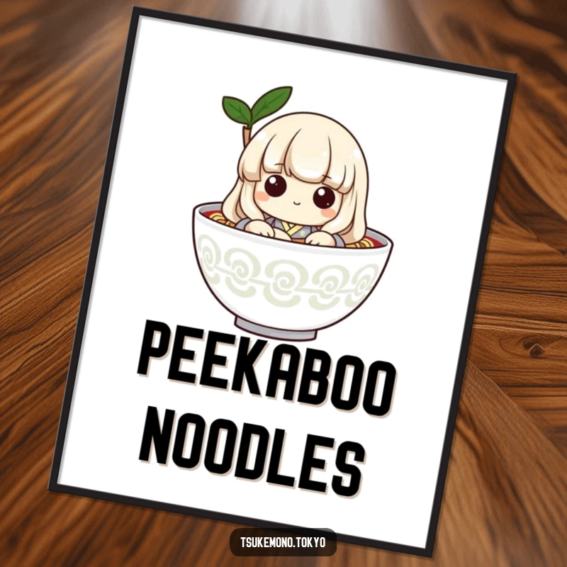 Funny poster featuring a cute udon noodle character in a simple kimono, peeking from a bowl, adding a touch of humor to wall art.