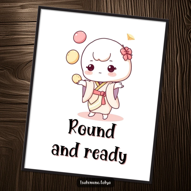 Funny poster displaying a cute mochi character in a pastel kimono, skillfully juggling a pile of colorful dumplings with a happy look.