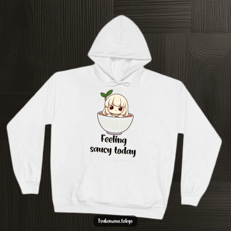 Funny hoodie featuring a playful udon noodle character in a simple kimono, peeking from a bowl, offering warmth and humor.