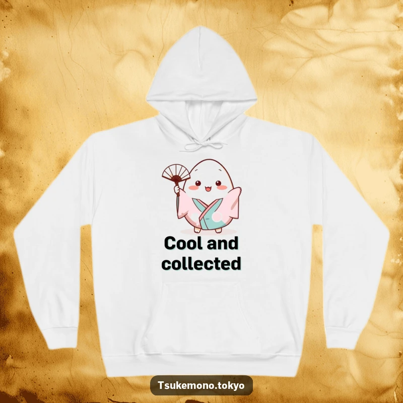Funny hoodie featuring a plump onigiri character in a small kimono cheerfully waving a tiny fan.