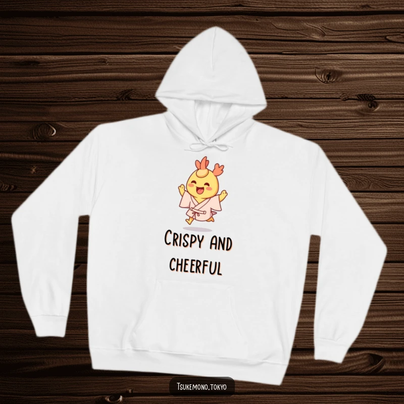 Funny hoodie featuring a grinning tempura shrimp character in a yukata, hopping excitedly.