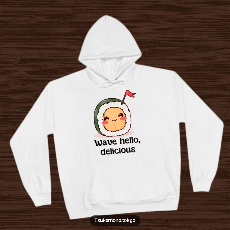Funny hoodie with a cheerful sushi roll character, happy face, and waving flag, offering warmth and a festive atmosphere.