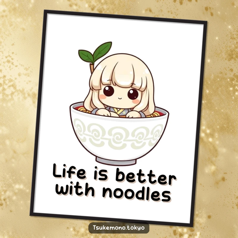 Funny Free Printable Wall Art: Playful udon noodle character in a simple kimono peeking from a bowl, adding a humorous touch.