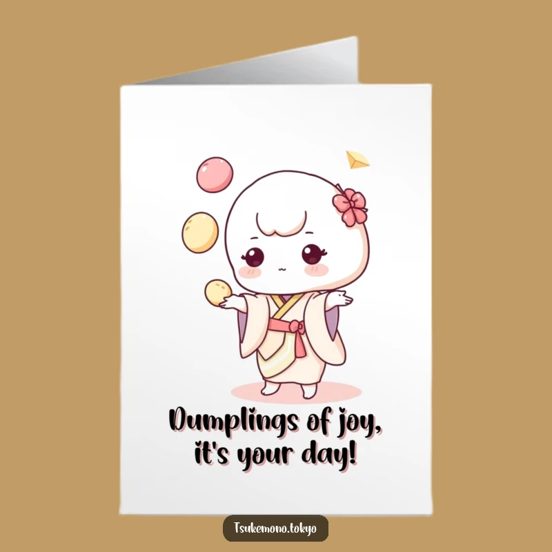 Free Printable Birthday Card: Funny Mochi Dumpling Juggler for a Joyful Celebration