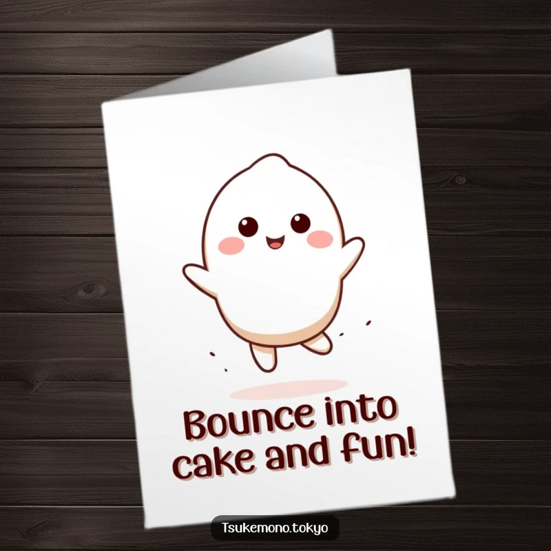 Funny Free Printable Mochi Birthday Card featuring a smiling mochi character engaged in a playful, energetic bounce.