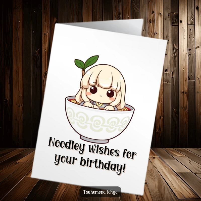 Funny Free Printable Birthday Card: Adorable udon noodle character in a simple kimono playfully peeking from a bowl with a mischievous grin.