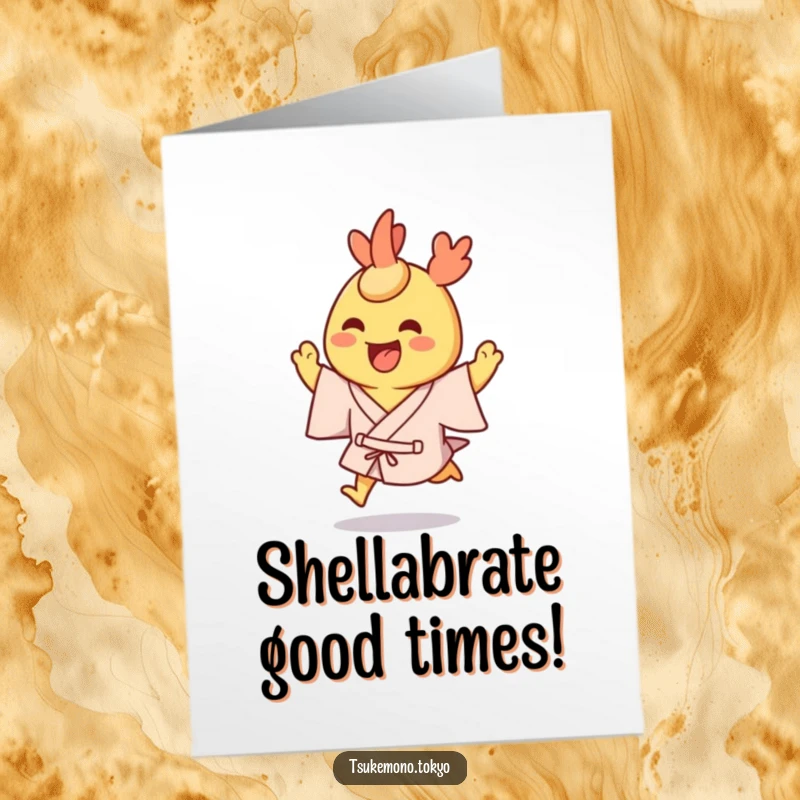 Funny Free Printable Birthday Card: A grinning tempura shrimp in a yukata hops excitedly.