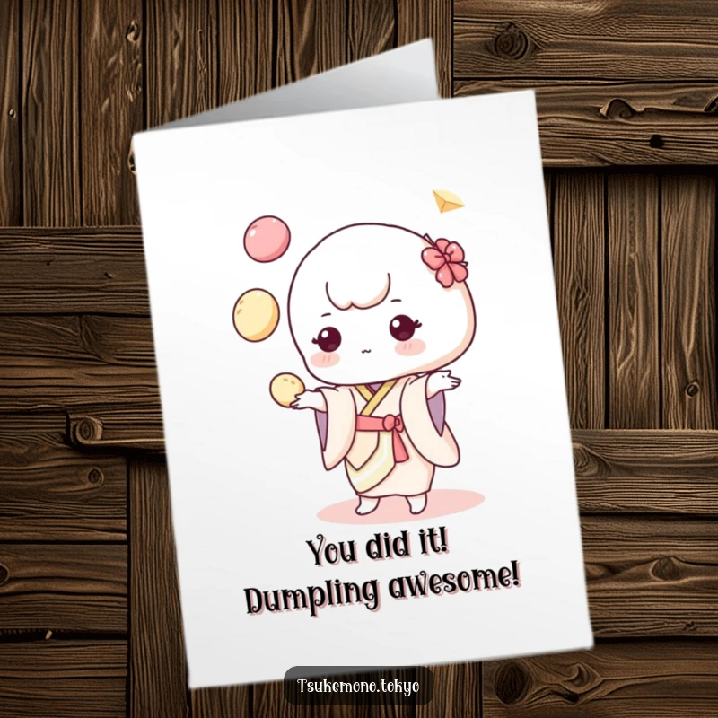 Funny Free Printable Congratulations Card: Whimsical mochi character in pastel kimono juggling dumplings, celebrating achievements with delight.