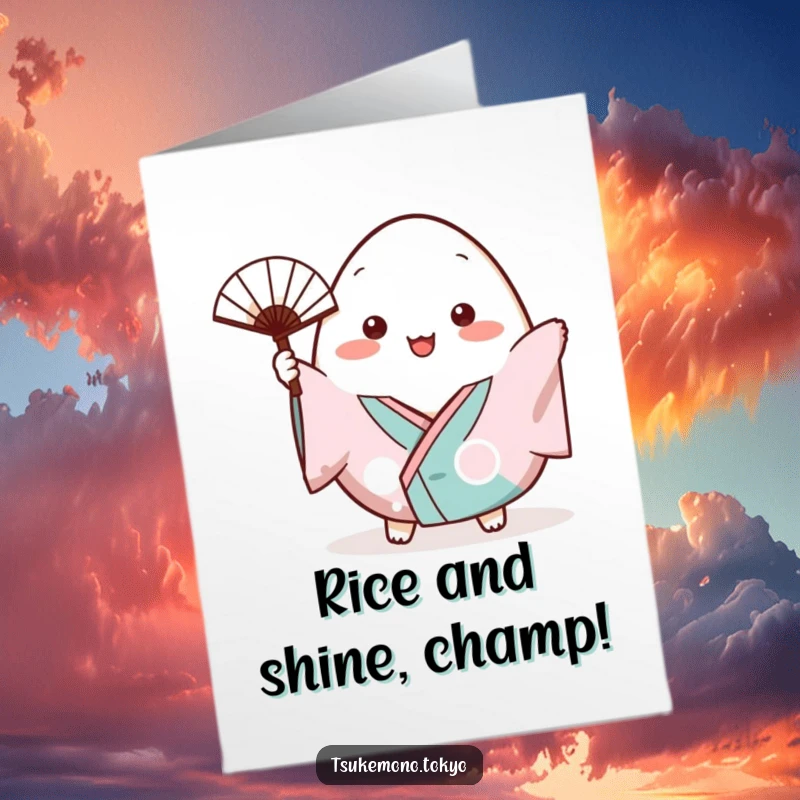 Funny Free Printable Congratulations Card: A plump onigiri in a small kimono cheerfully waves a tiny fan.