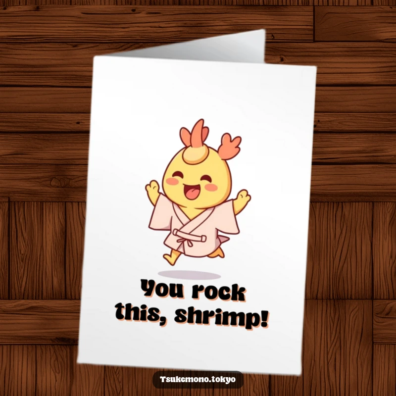 Funny Free Printable Congratulations Card: A grinning tempura shrimp in a yukata hops excitedly.