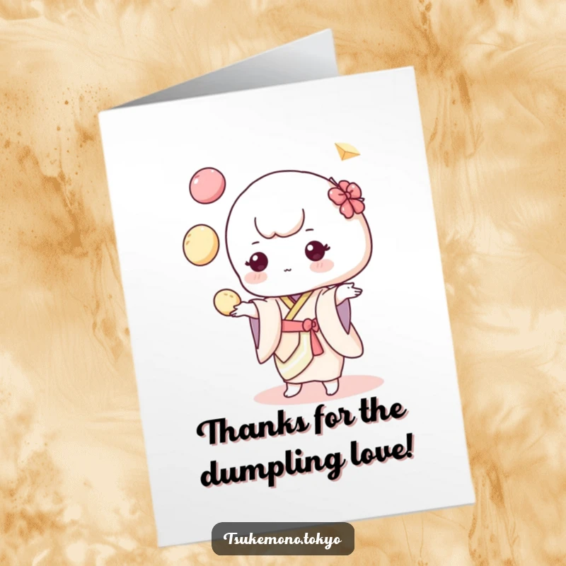 Funny Free Printable Thank You Card: Cute mochi character in pastel kimono juggling dumplings, conveying thanks with playful charm.