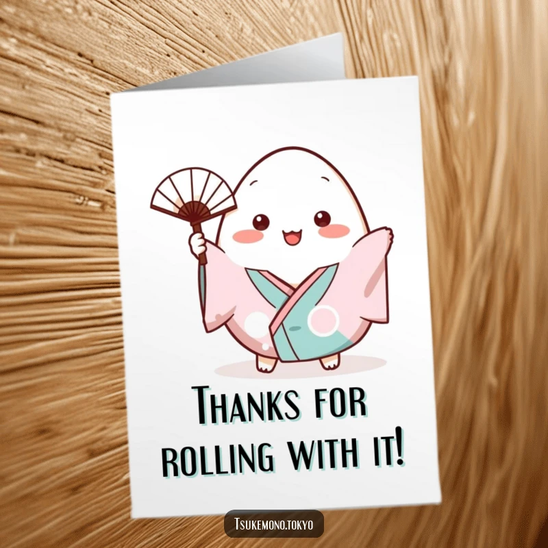 Funny Free Printable Thank You Card: A plump onigiri in a small kimono cheerfully waves a tiny fan.
