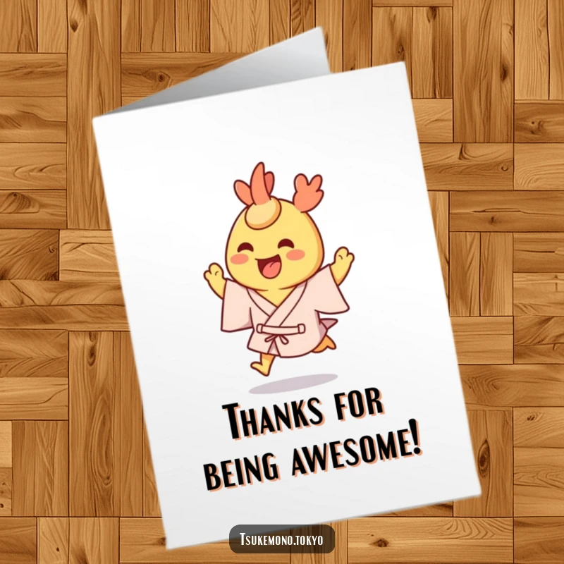 Funny Free Printable Thank You Card: A grinning tempura shrimp in a yukata hops excitedly.