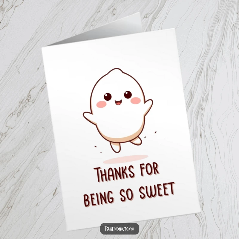 Funny Free Printable Mochi Thank You Card, featuring a smiling mochi character bouncing playfully to show appreciation.
