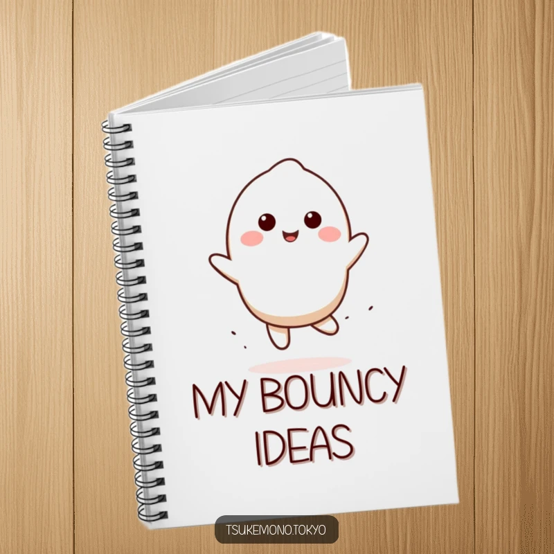 Funny mochi notebook with a smiling character doing a playful bounce, perfect for notes and as a cute funny gift.
