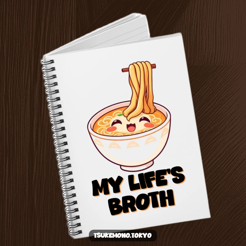 Funny ramen notebook with a happy bowl and noodles looking up in delight, perfect for notes and as a humorous stationery gift.