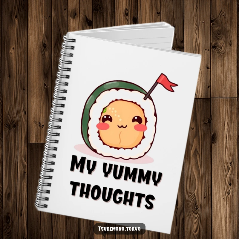 Funny notebook with a cheerful sushi roll character happily waving a small flag, perfect for notes and ideas with a festive theme.
