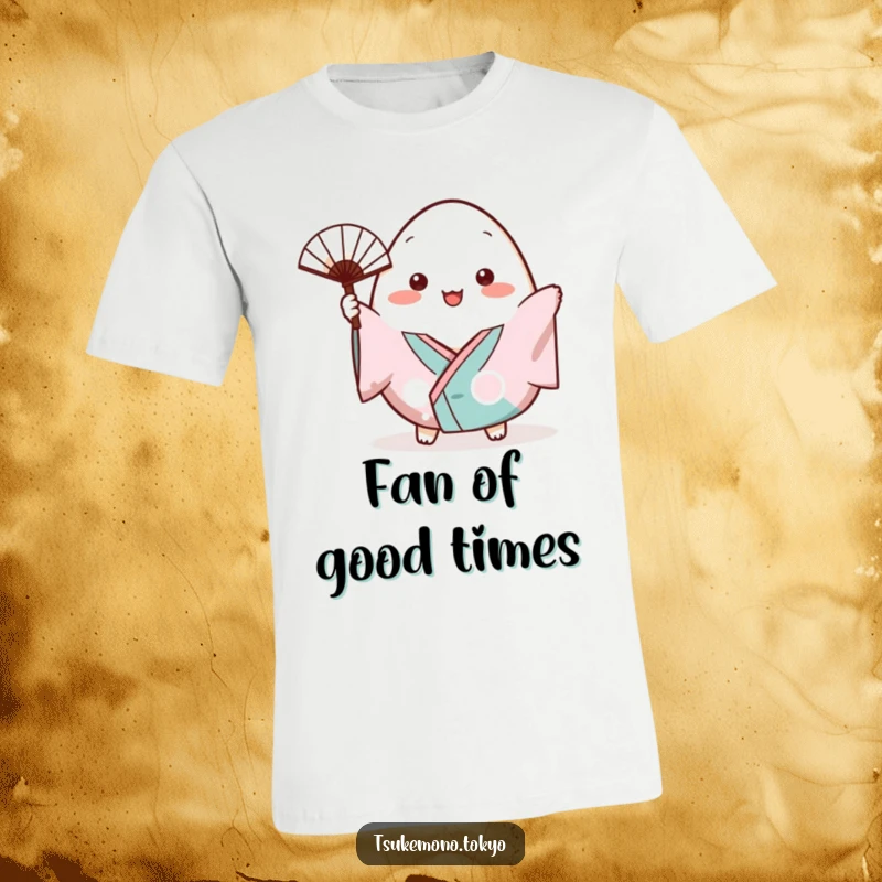 Funny t-shirt showcasing a plump onigiri character in a small kimono, cheerfully waving a tiny fan.
