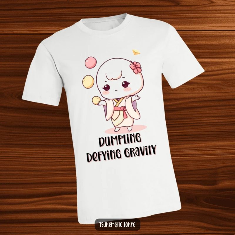 Funny t-shirt showcasing a charming mochi character in a pastel kimono, expertly juggling colorful dumplings in a playful manner.